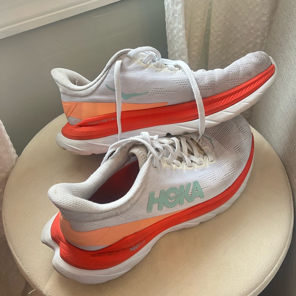 Hoka White and Red Athletic Sneakers